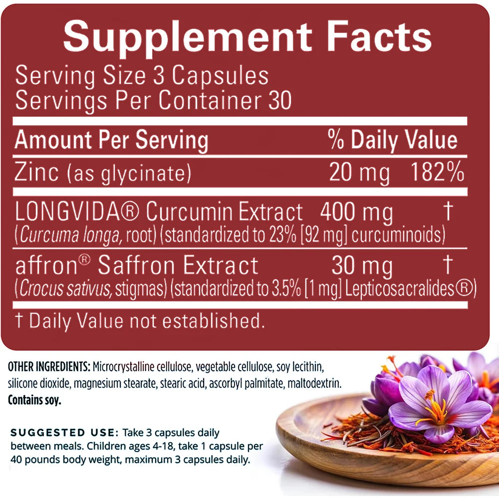 Saffron Supplements With Saffron Flower Extract, Curcumin & Zinc for Mood, Memory & Eye Health, Joint Supplements for Men Women - Sun Studio