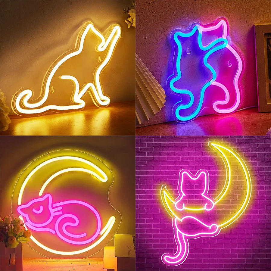 Anime Cat & Moon Neon Sign for Wall Art Arcade Decor, LED Night Lights Home Decor for Game Room Sign,Bedroom, Living Room, Bars - Sun Studio