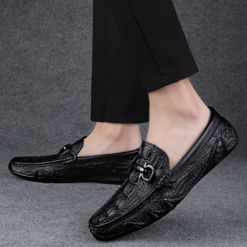 Mens Slip On Loafers Genuine Leather Casual Shoes Driving Moccasins Flats Luxury Brand Classic Black Handmade - Sun Studio
