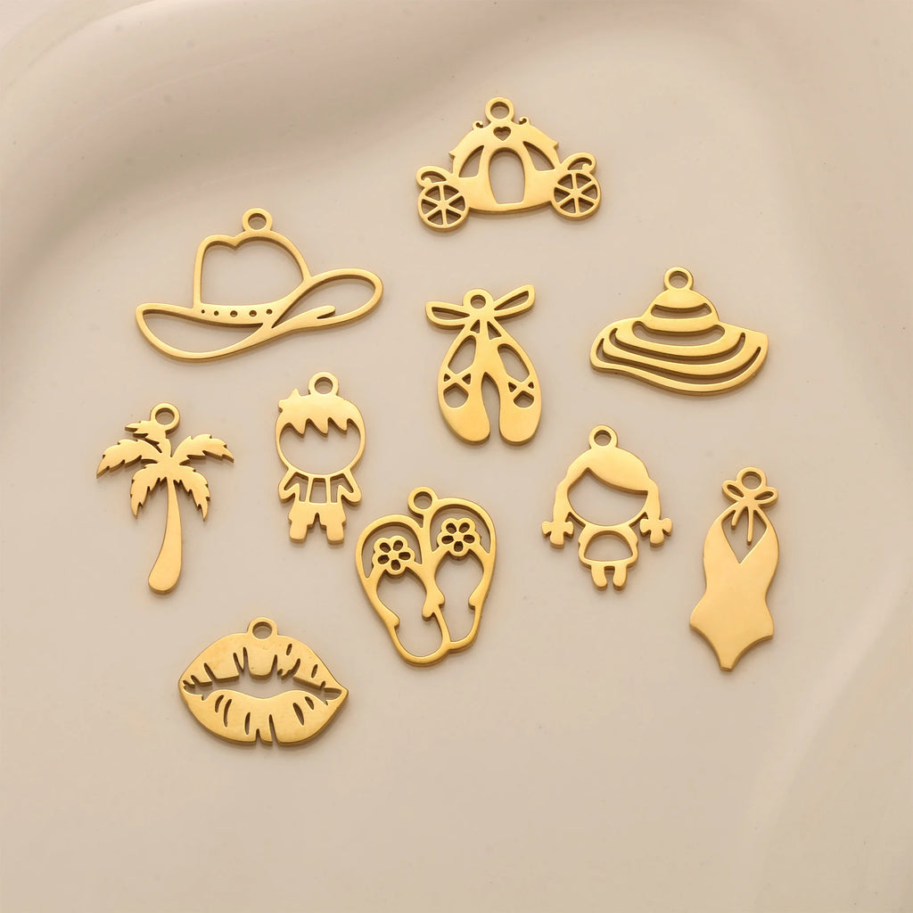 5Pcs Summer Hat/Lip Kiss/Swimsuit/Airplane Travel Charm  Stainless Steel Jewelry Making Craft DIY Bracelets Necklace Accessories - Sun Studio
