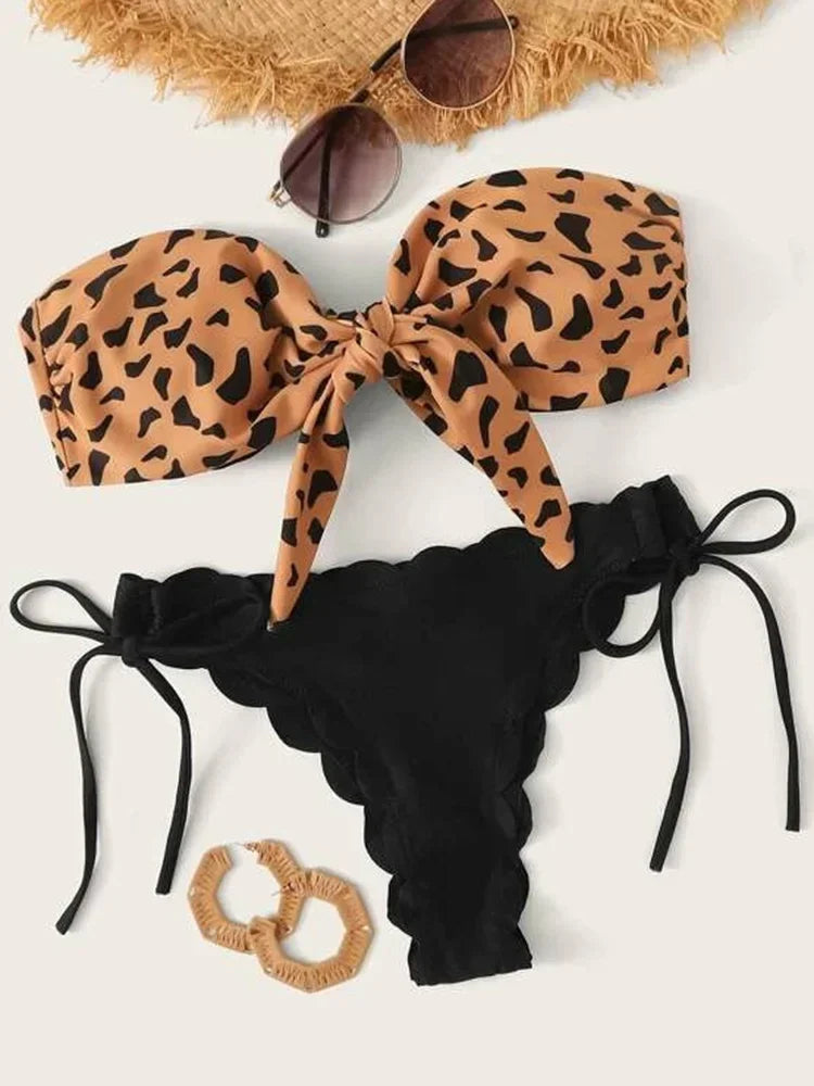 Sexy Scalloped Marble Print Bikini Women Bandeau Swimwear Female Swimsuit Two-pieces Bikini set Knotted Bather Bathing Suit Swim - Sun Studio