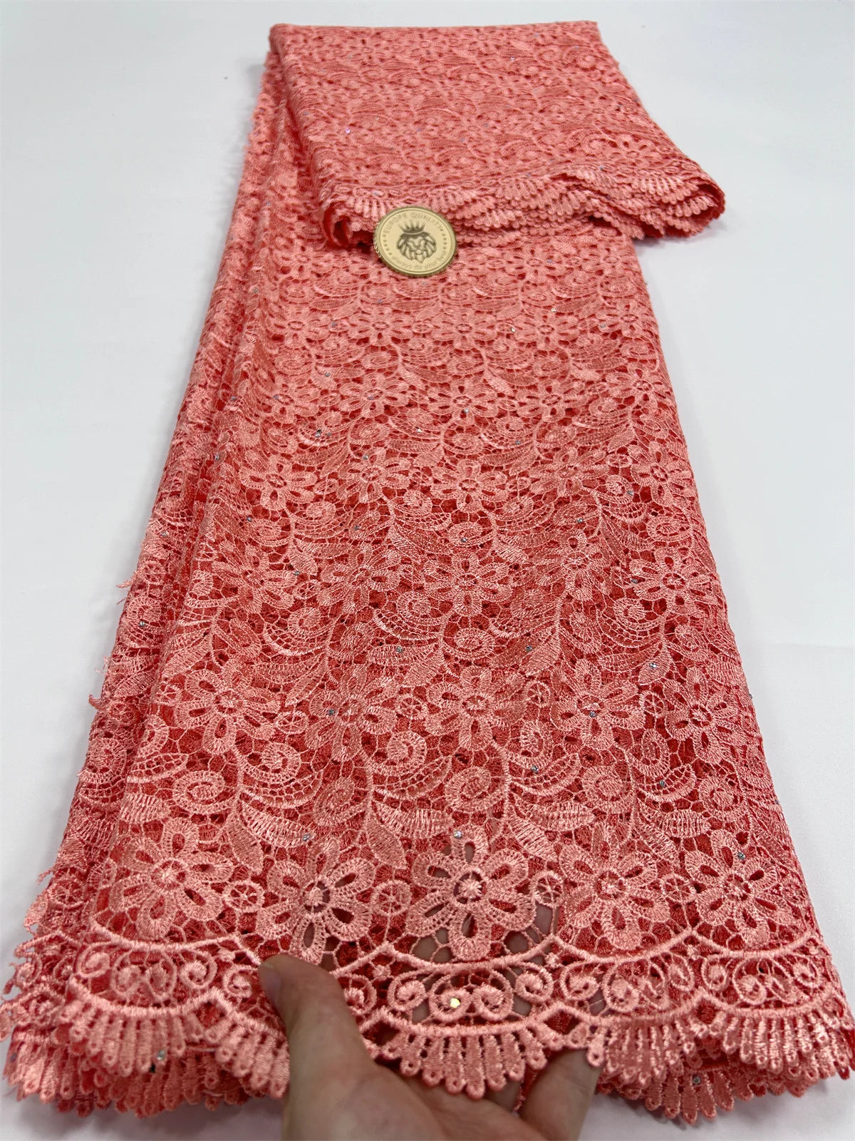 2024 Peach African Guipure Cord Lace Fabric with Stones Chemical Lace Fabric Water Soluble Lace For Women Evening Party Dresses - Sun Studio