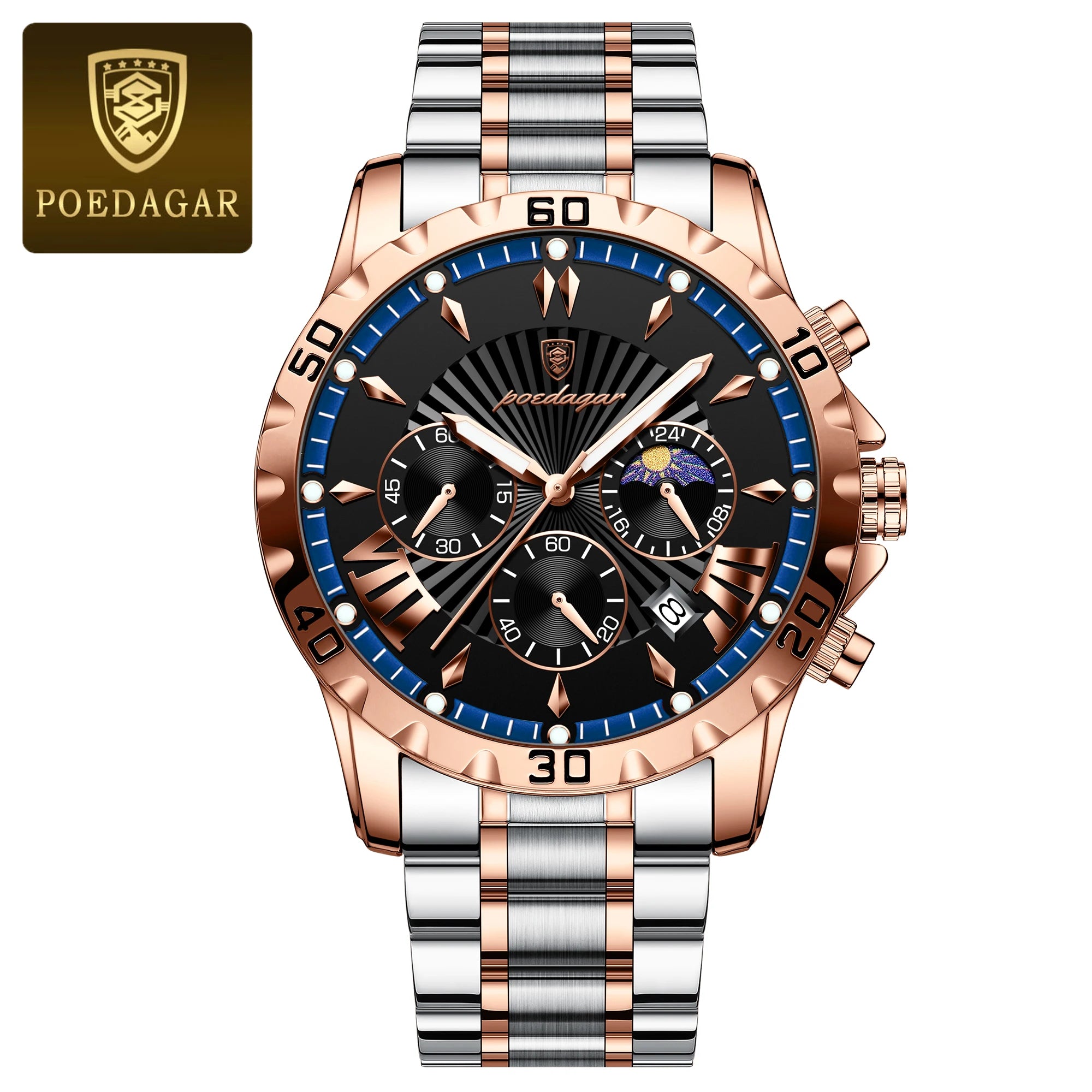 POEDAGAR Luxury Watch for Man Luminous Waterproof Chronograph Date Men Watch High Quality Stainless Steel Quartz Men's Watches - Sun Studio