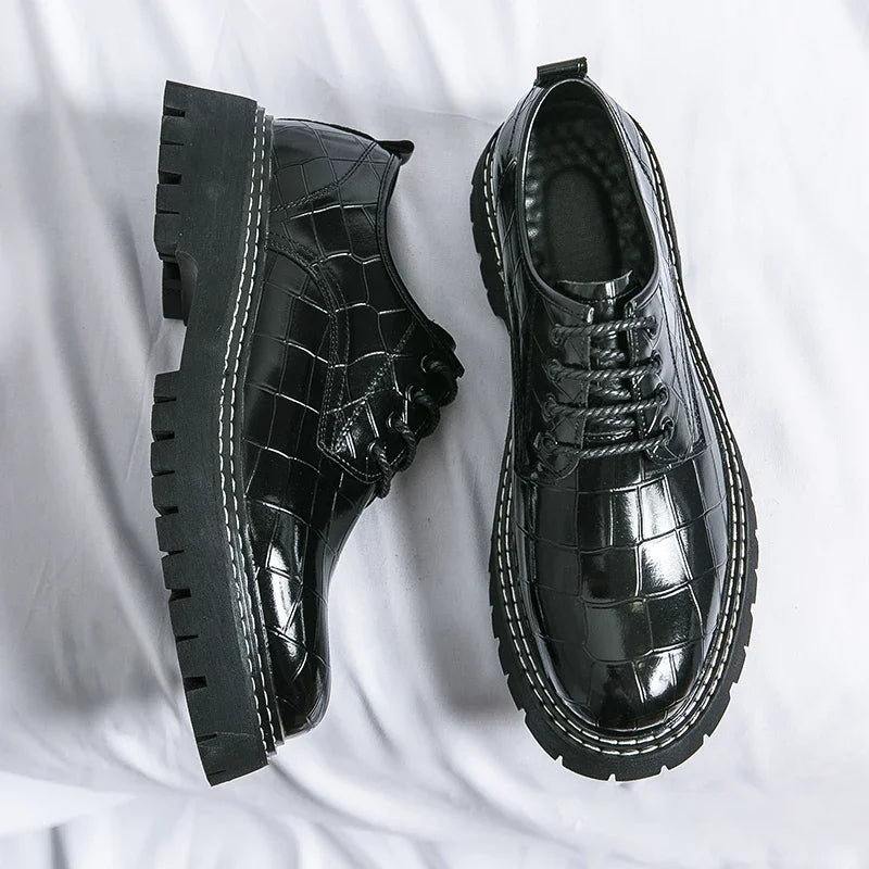 New Black Men Shoes Lace-up  Round Toe Stone Pattern Brown Gray Men Dress Shoes Size 38-46 - Sun Studio