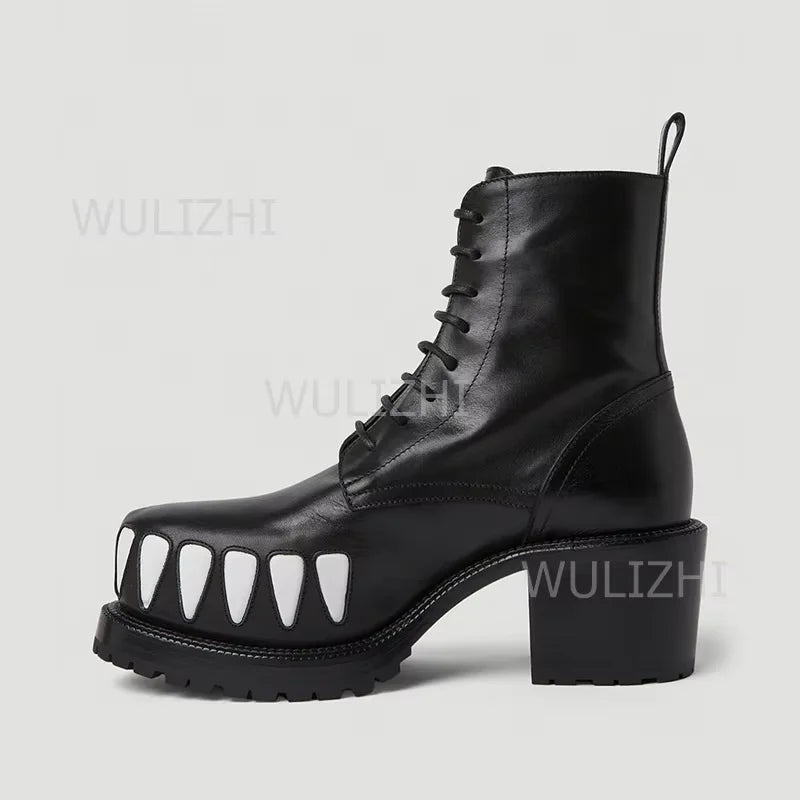 Men's Leopard Graffiti Teeth Totem Boots Black Leather Patent Leather Block Heels Thick Sole Zip Fashion Round Toe Shoes Street - Sun Studio