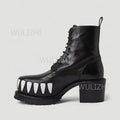 Men's Leopard Graffiti Teeth Totem Boots Black Leather Patent Leather Block Heels Thick Sole Zip Fashion Round Toe Shoes Street - Sun Studio