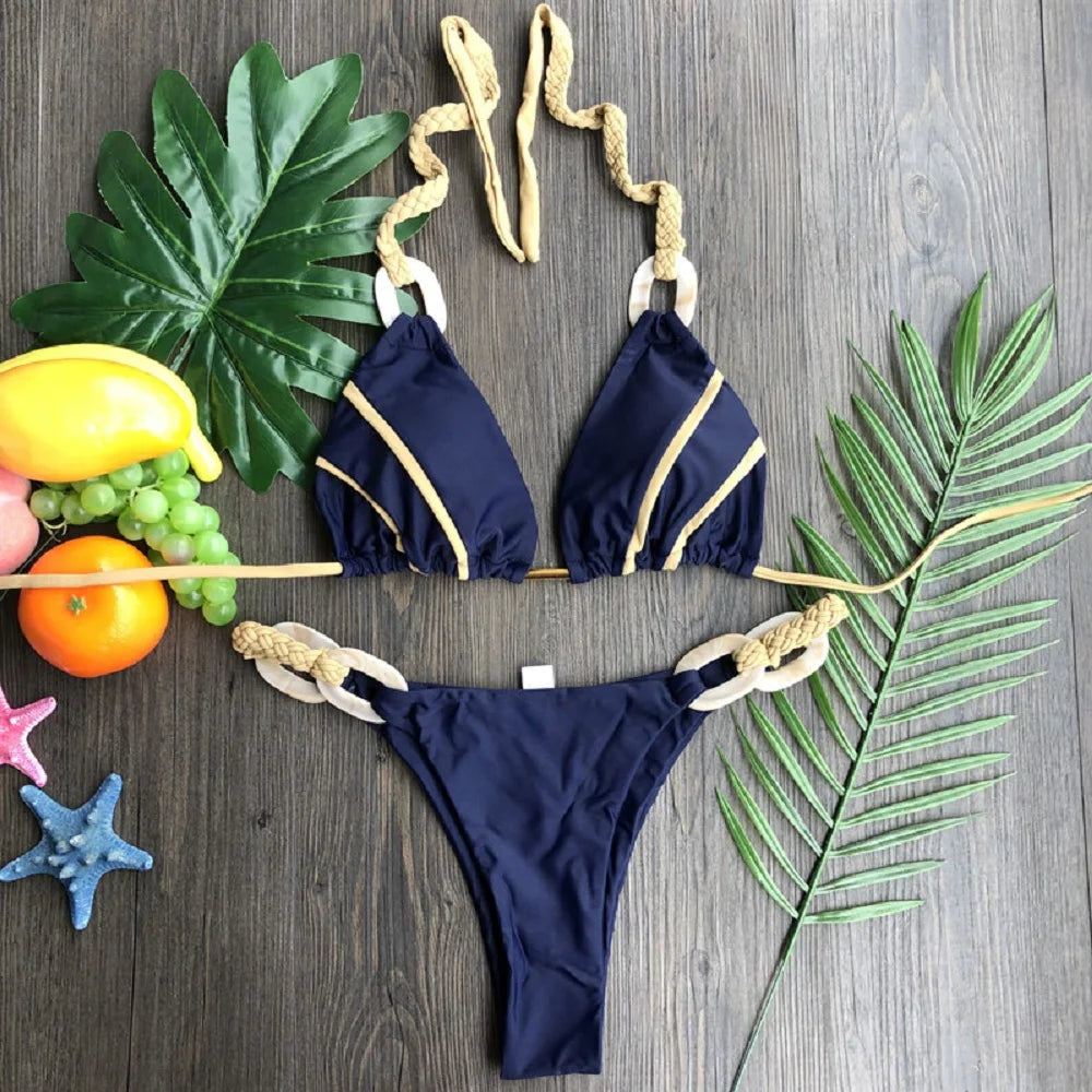 Weave triangle swimsuit lady biquinis Brazilian women bikini ring sexy bathing suit 2026 two pieces suits Halter micro swimwear - Sun Studio