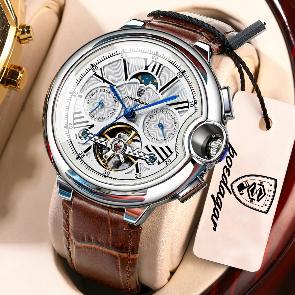 POEDAGAR Luxury Male Watch Business Date Week Stainless Steel Tourbillon Men Clock Waterproof Automatic Mechanical Men's Watches - Sun Studio