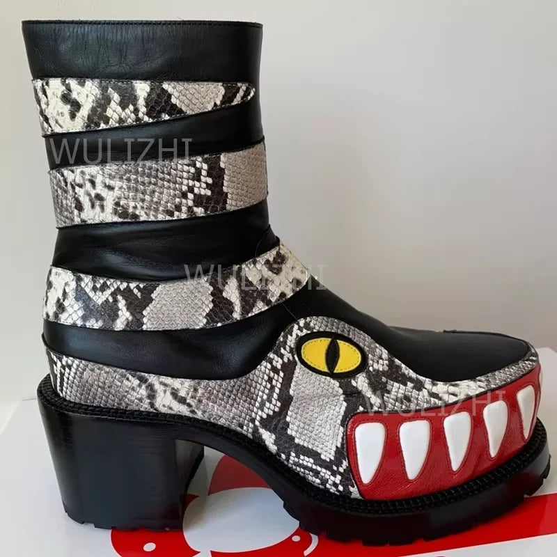 Men's Leopard Graffiti Teeth Totem Boots Black Leather Patent Leather Block Heels Thick Sole Zip Fashion Round Toe Shoes Street - Sun Studio