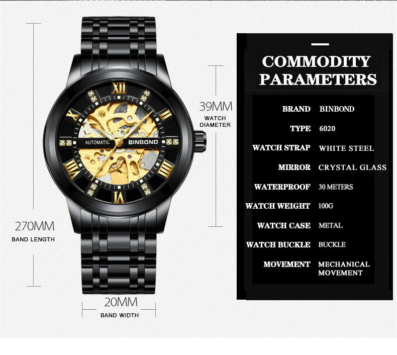 Bindond Mens Automatic Mechanical Watches Top Brand Luxury Stainless Steel Waterproof Hollow Male Wristwatches Relogio Masculino - Sun Studio