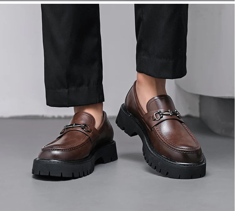 STRONGSHEN Men Leather Shoes Thick-soled British Style Formal Business Shoes Fashion Luxury Slip-On Round Toe Office Casual Shoe - Sun Studio