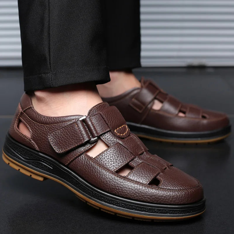 Classic High Quality Leather Business Sandals Summer Outdoor Hiking Shoes Handmade Sandals Fashion Comfortable Men Beach Shoes - Sun Studio
