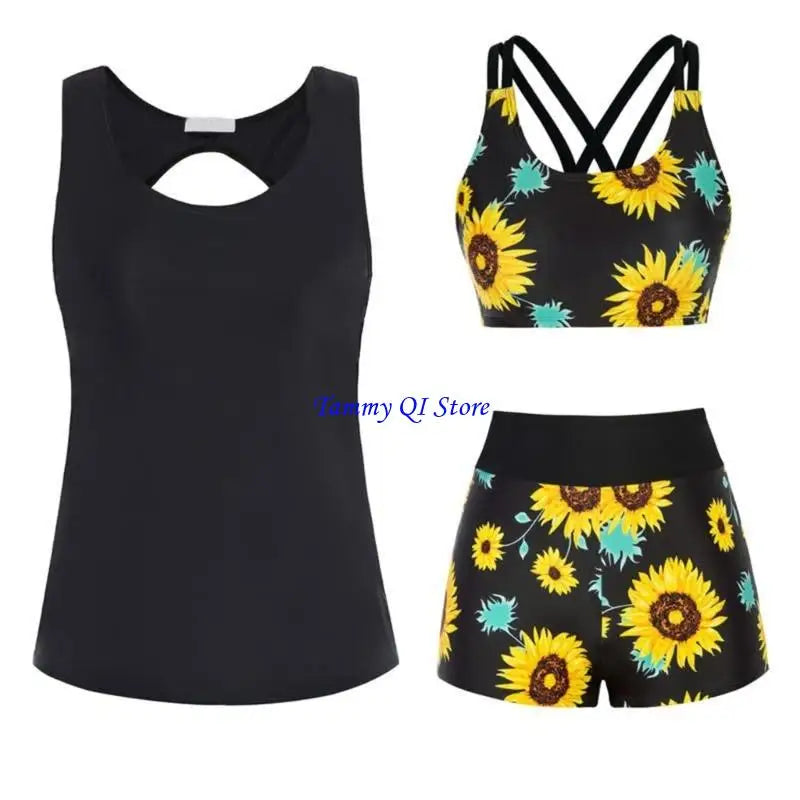 F1FD Women Flowers Print Bathing Suit 3 Pcs Split Swimwear Tankini Swimsuit Swimming Costume Set Ladies Sports Swimwear - Sun Studio