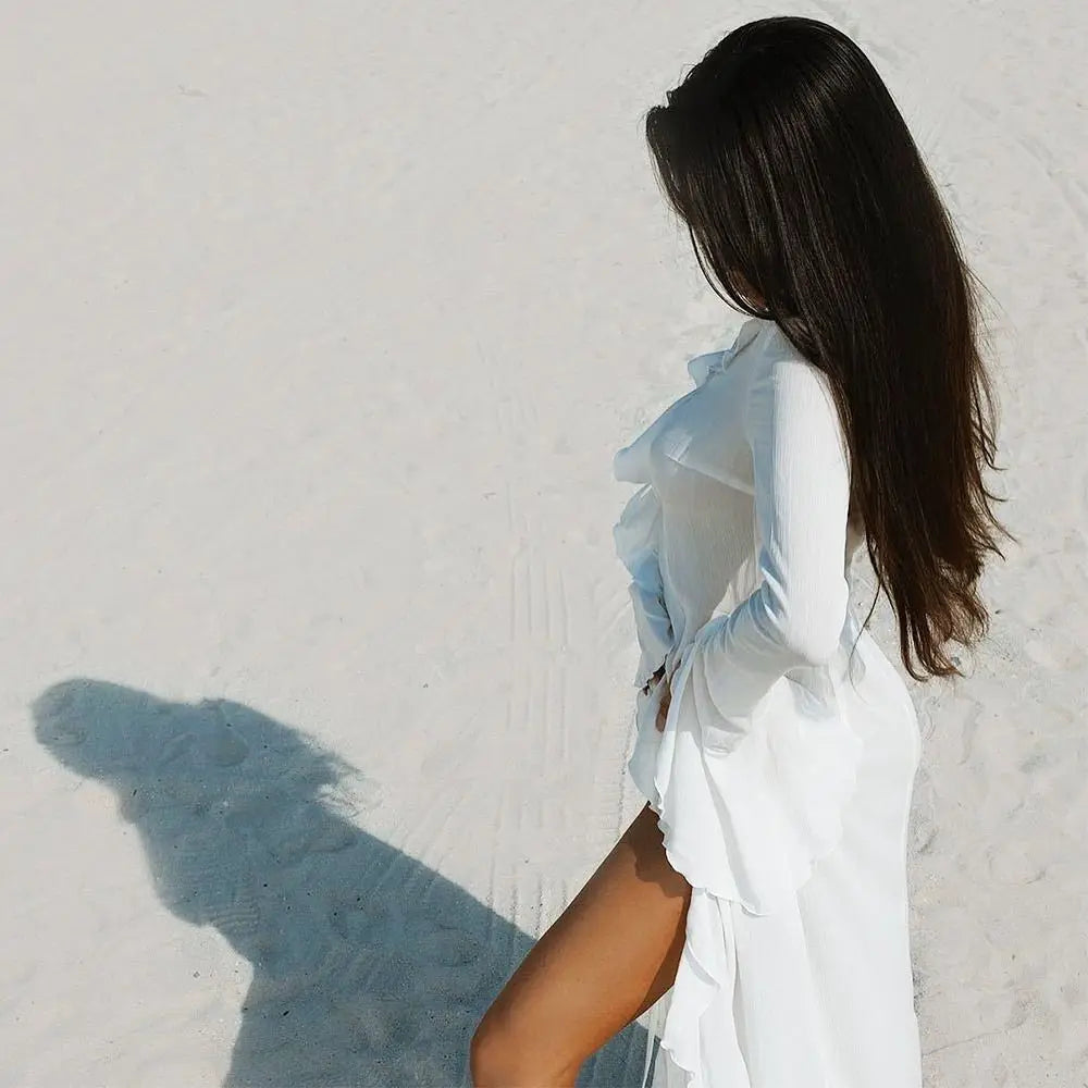 V Neck Summer Beach Cover Up Long Sleeve Ruffled Bikini Sunscreen Smock Vacation Casual Swimsuit Cover Up Dress for Women - Sun Studio