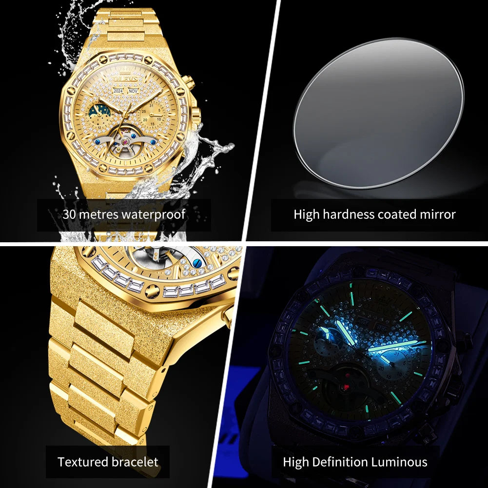 OLEVS Luxury Automatic Tourbillon Watch Men Fashion Gold Mechanical Watches Stainless Steel Waterproof Date Week Men's Watches - Sun Studio