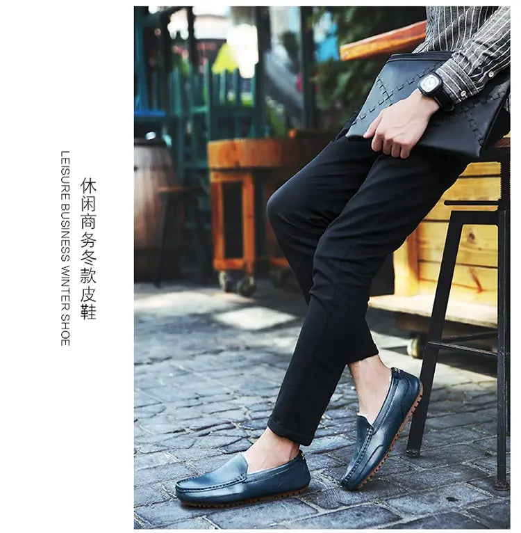 Winter Fur Loafers Men Casual Shoes Cotton Leather Dress Shoes Slip-on Flats Plush Man Moccasins Fleece Lined Driving Shoes - Sun Studio