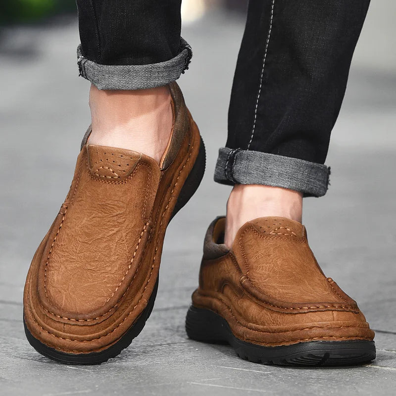 Genuine Leather Mens Loafers Anti-slip Rubber Man Casual Shoes Vintage Style Walk Shoes Slip-On Hiking Footwear Luxury Moccasins - Sun Studio