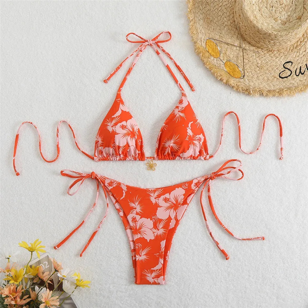 Blue Floral Print Swimwear Halter String Triangle Bikini Micro Mini Thong Sexy Swimsuit Women 2026 Bather Biquinis Bikinis Sets - Sun Studio