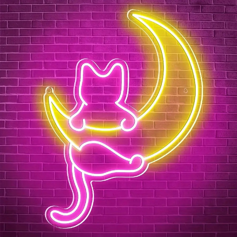 Anime Cat & Moon Neon Sign for Wall Art Arcade Decor, LED Night Lights Home Decor for Game Room Sign,Bedroom, Living Room, Bars - Sun Studio