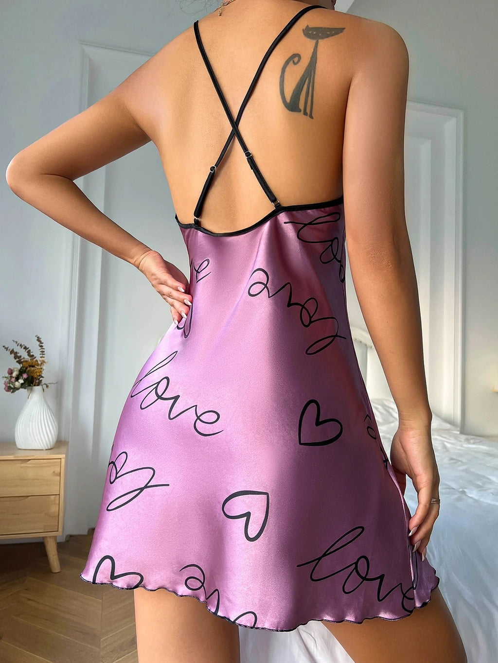 Heart Letter Print Nightdress Casual Round Neck Spaghetti Strap Sleep Dress Women's Sleepwear Dresses - Sun Studio