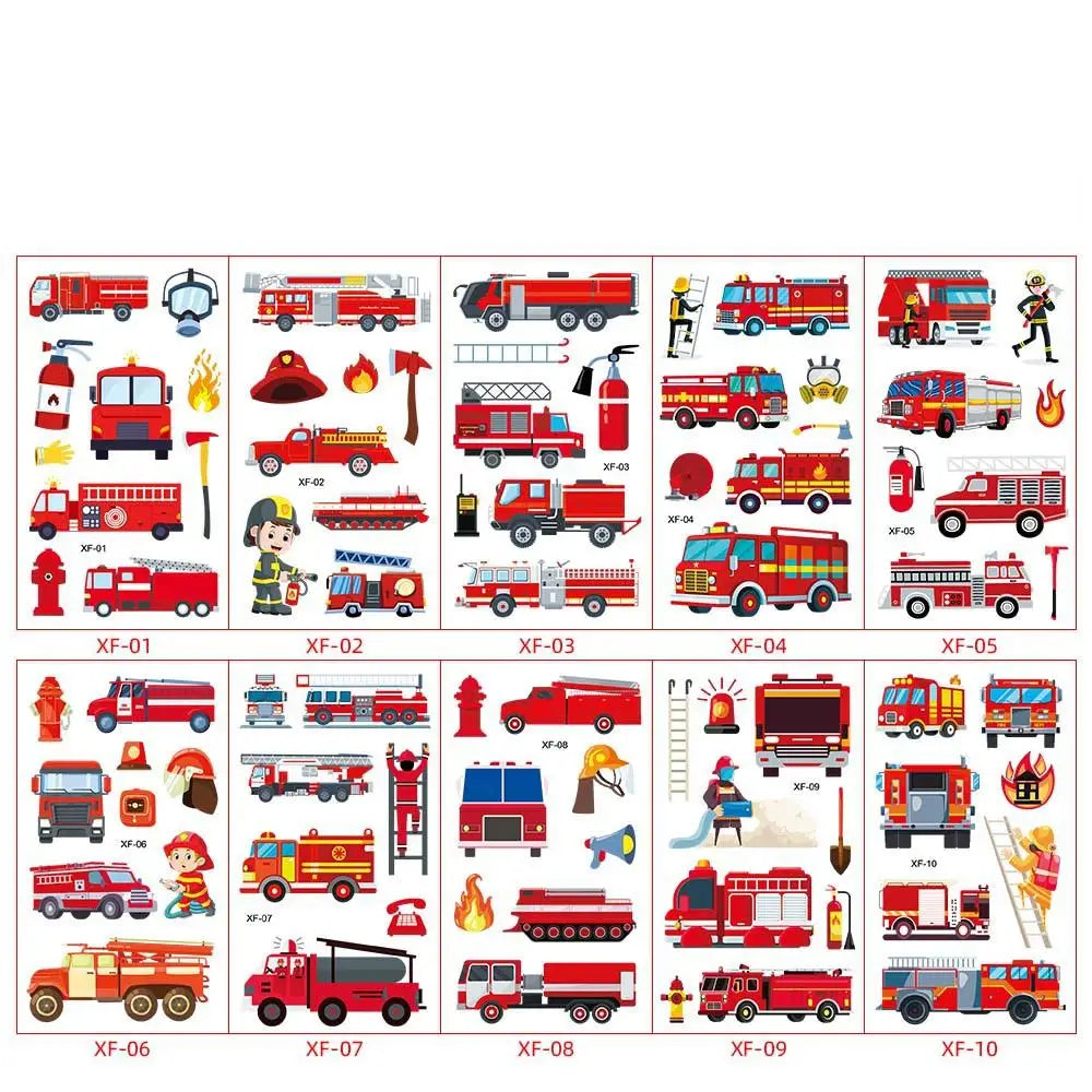 10pcs Cartoon Fire Truck Garbage Truck Temporary Tattoos Sticker Police Tattoos For Girls Boys Birthday Party Supplies Stickers - Sun Studio