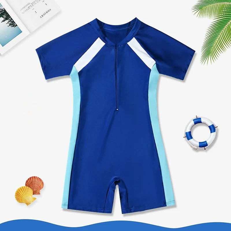 Children's Swimsuit Boys And Girls One-Piece Swimsuit Short-Sleeved Beach Sunscreen Professional Training Swimsuit - Sun Studio