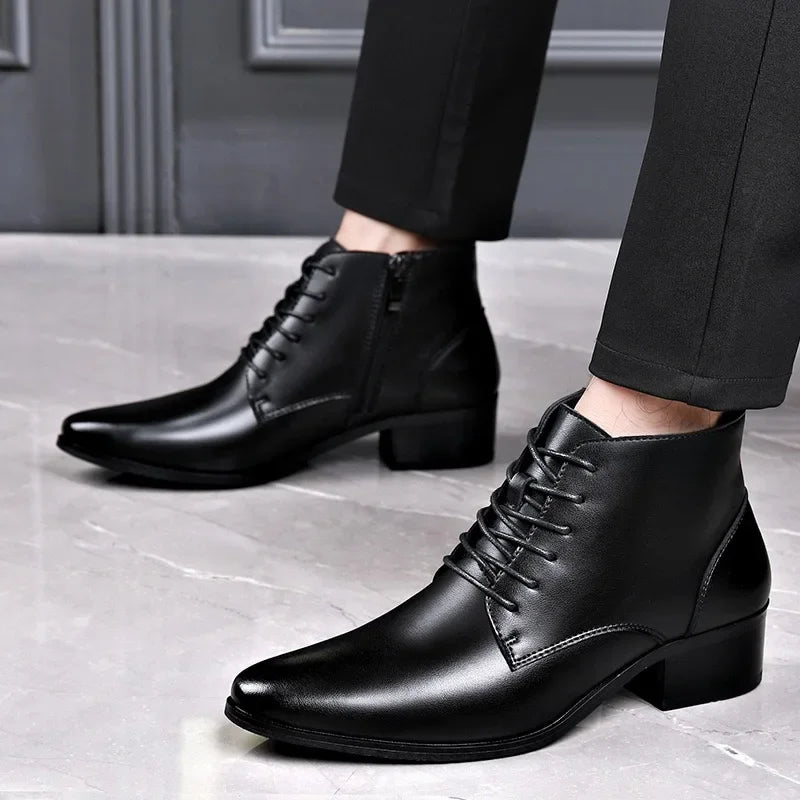Men's Boots Fashion High-top Casual Boot Pointed Tip Business Leather Boots for Men Plush Warm Winter Boots Lace Up Ankle Botas - Sun Studio