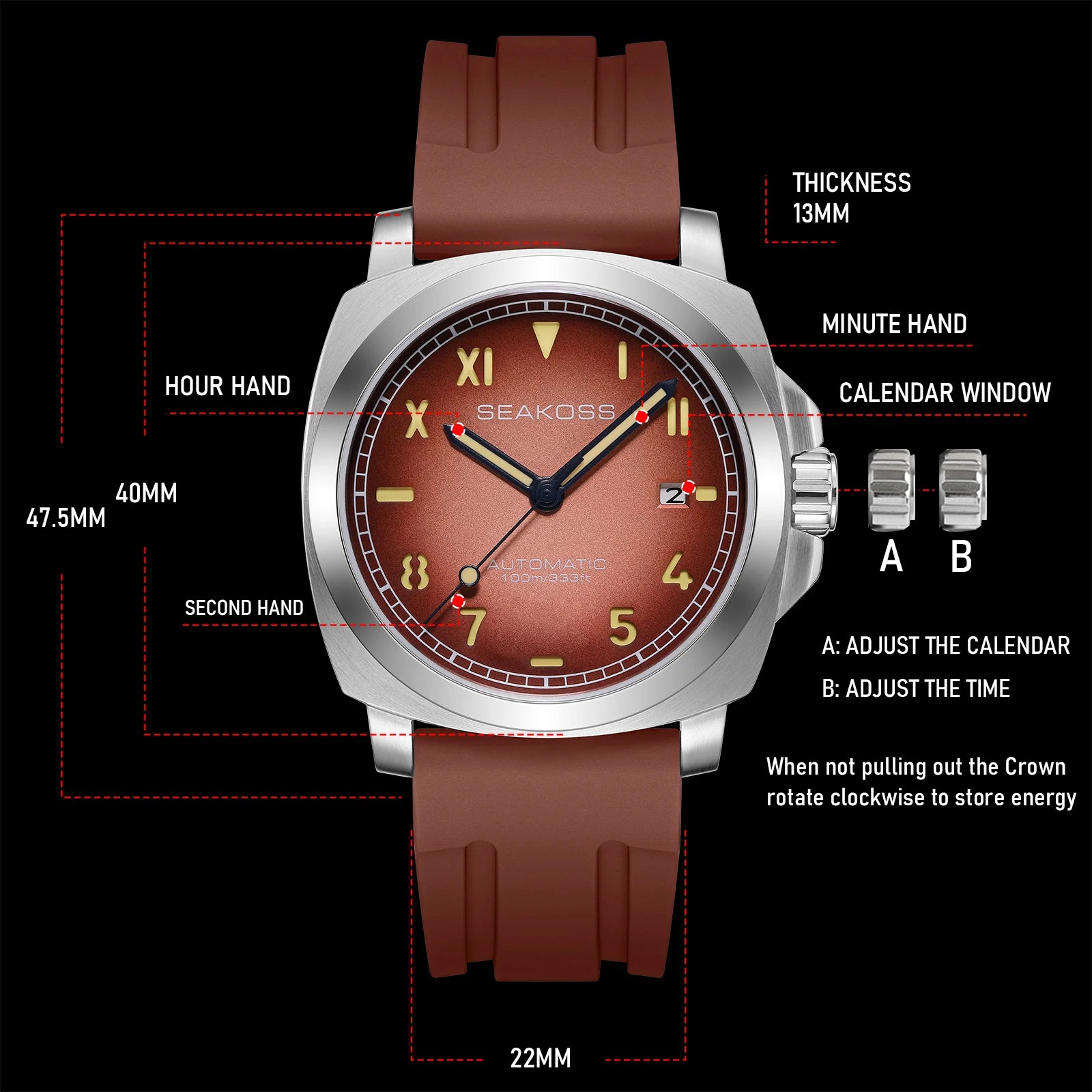 SEAKOSS Super Luminous Diving Automatic Mechanical Watches Men's 10ATM with Seagull st1612 Movement Calendar Sapphire Wristwatch - Sun Studio