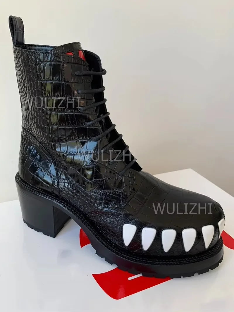 Men's Leopard Graffiti Teeth Totem Boots Black Leather Patent Leather Block Heels Thick Sole Zip Fashion Round Toe Shoes Street - Sun Studio