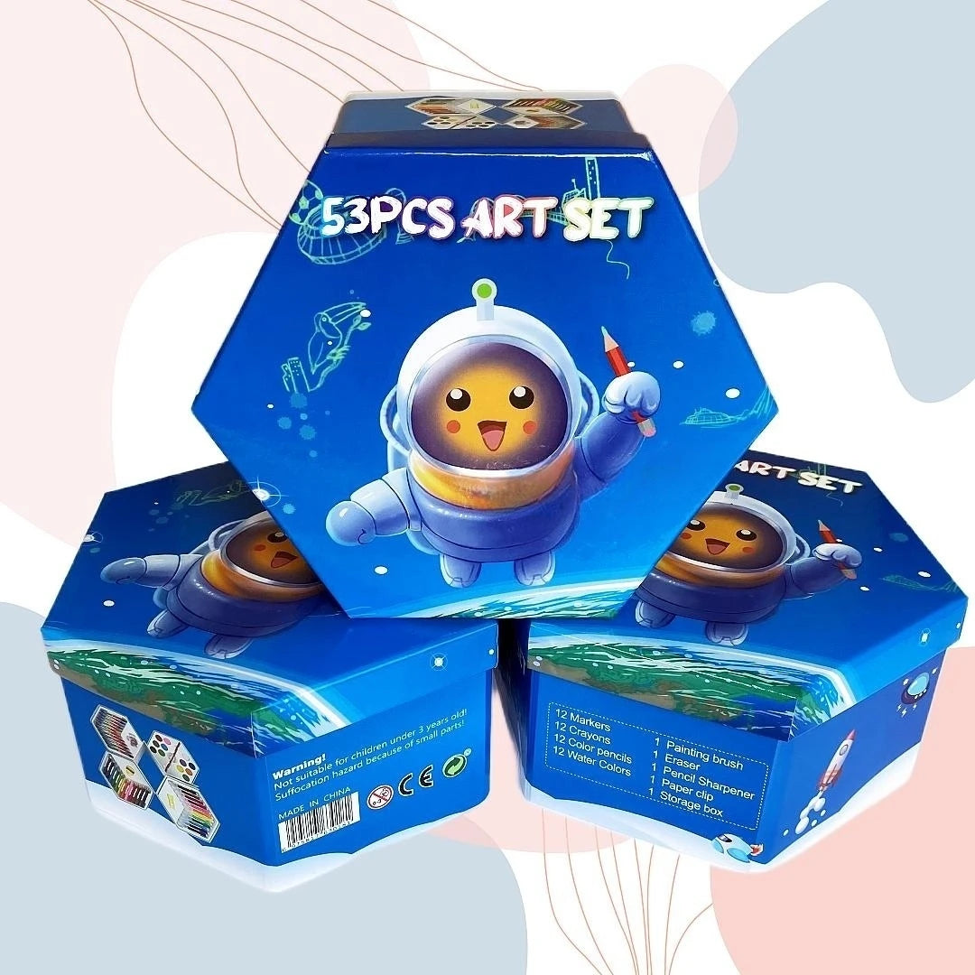 53pcs Multilayer Cartoon Art Pencil Set Kids Painting Set Hexagon Color Box Pencil Drawing Art Set - Sun Studio