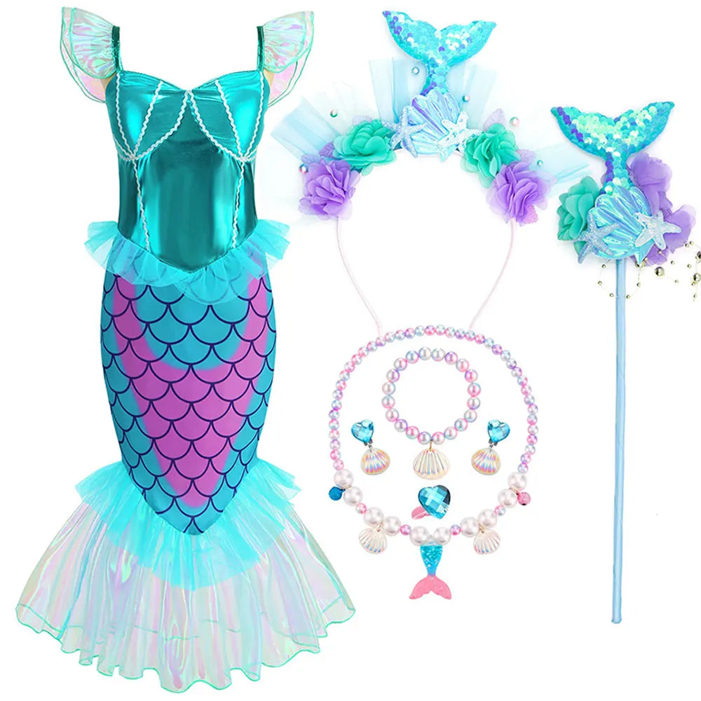 Disney Blue Red Purple Three Colors Mermaid Flying Sleeve Fishtail Beautiful Dress For Girl Summer Beach Party Cool Swimsuit Set - Sun Studio