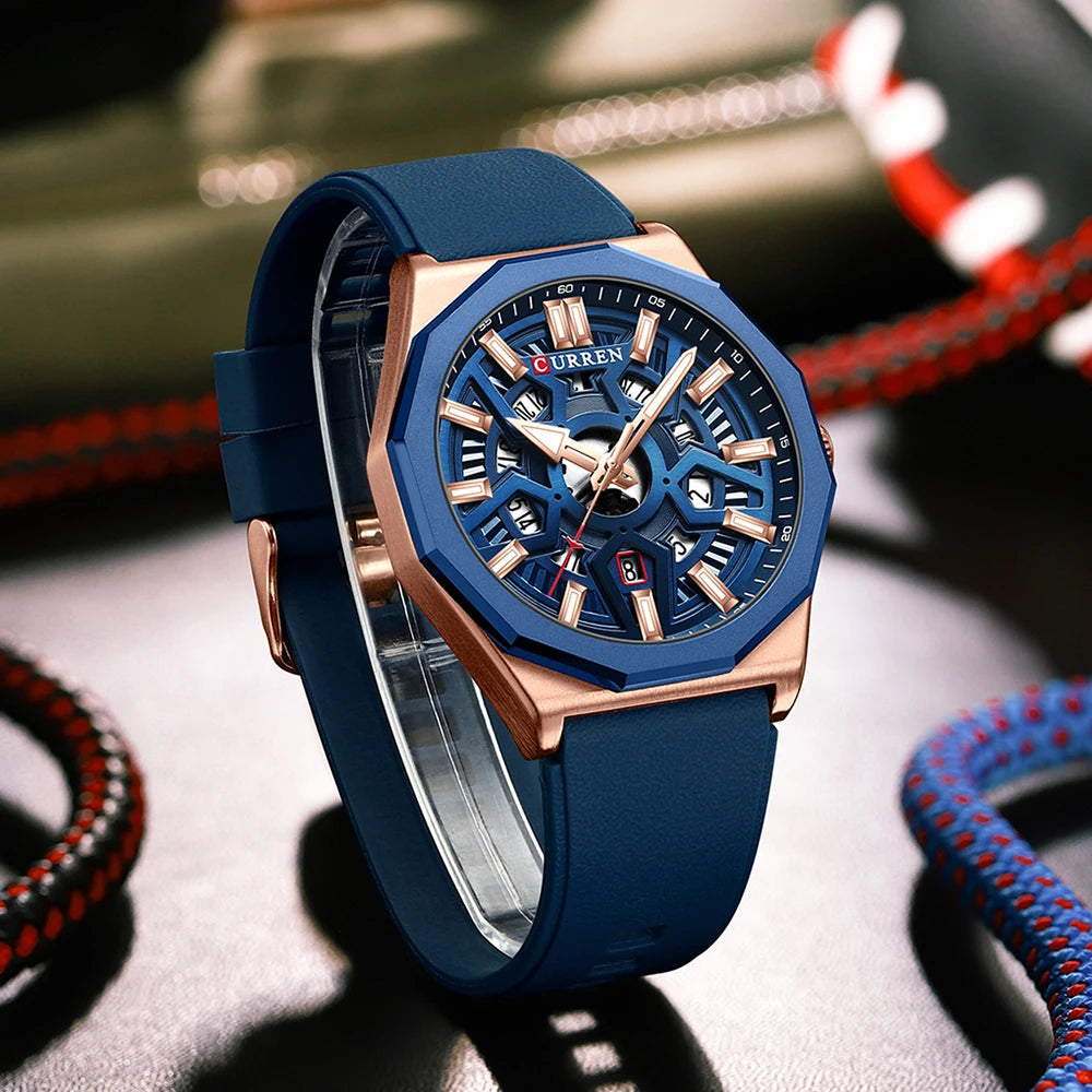 CURREN Fashion Creative Design Watches Men Quartz Silicone Strap Date Wristwatches for Male Clock with Luminous Hands - Sun Studio