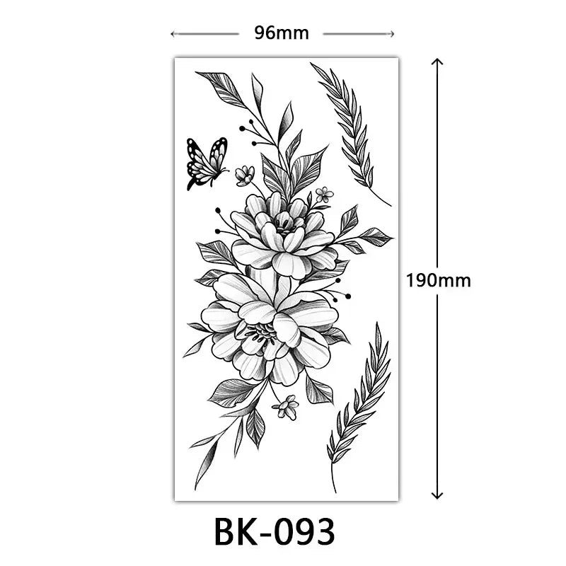 Rosenblüten-Tattoo Temporäres wasserdichtes Schmetterlings-Fake-Tattoo für Frauen Schwarzes Blumen-Skizzen-Tattoo-Aufkleber