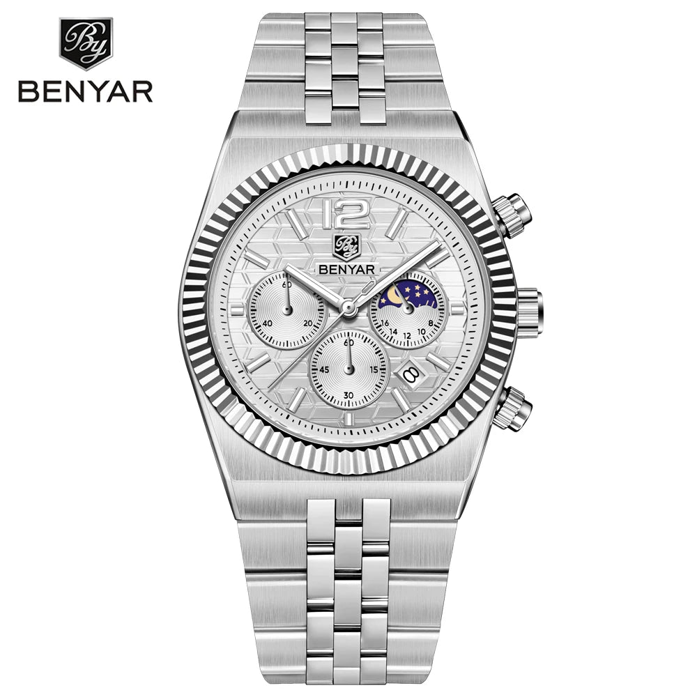 2025 New BENYAR Moon Phase Mens Watches Top Luxury Quartz Chronograph Watch For Men Stainless Steel Waterproof Sports Clock Gift - Sun Studio