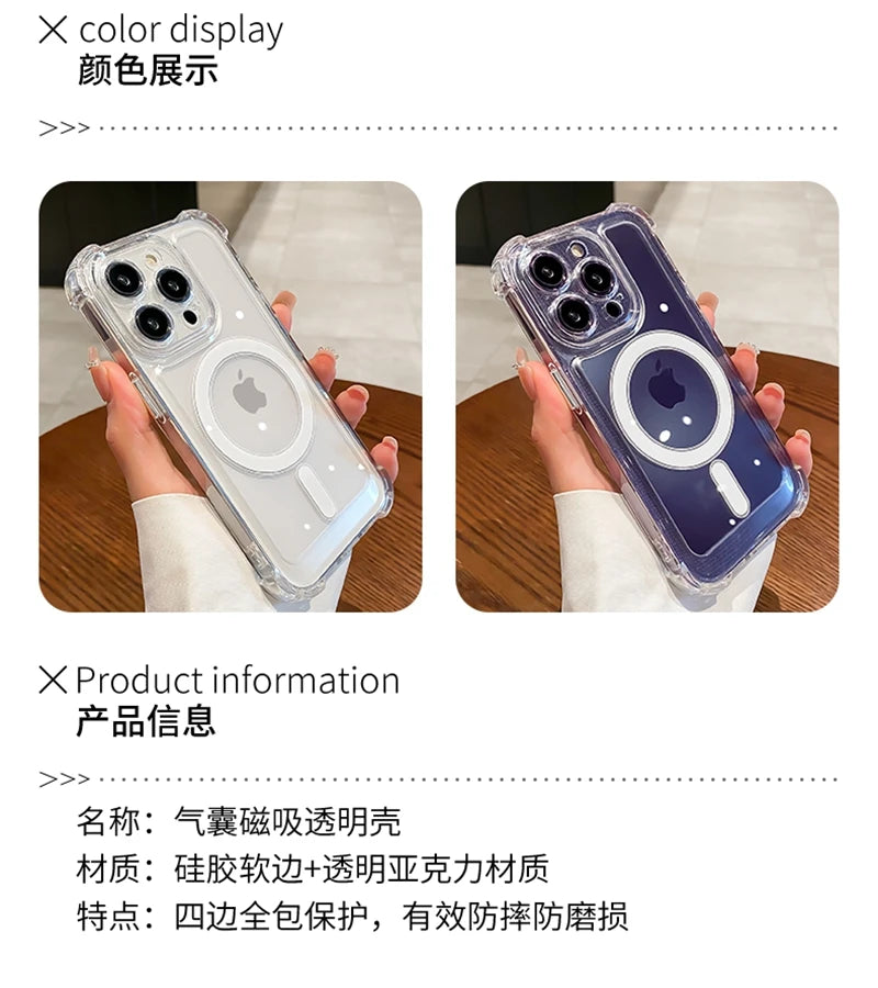 Luxury Wireless Charge For Magsafe Shockproof Phone Case For iPhone 13 14 15 12 Pro Max Plus Transparent Magnetic Bumper Cover - Sun Studio