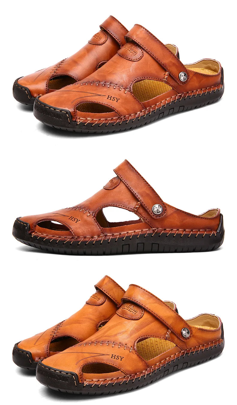 Large Size Men's Sandals Casual Leather Beach Shoes Breathable Slip-On Durable Stitched Construction Comfortable Walking Sandals