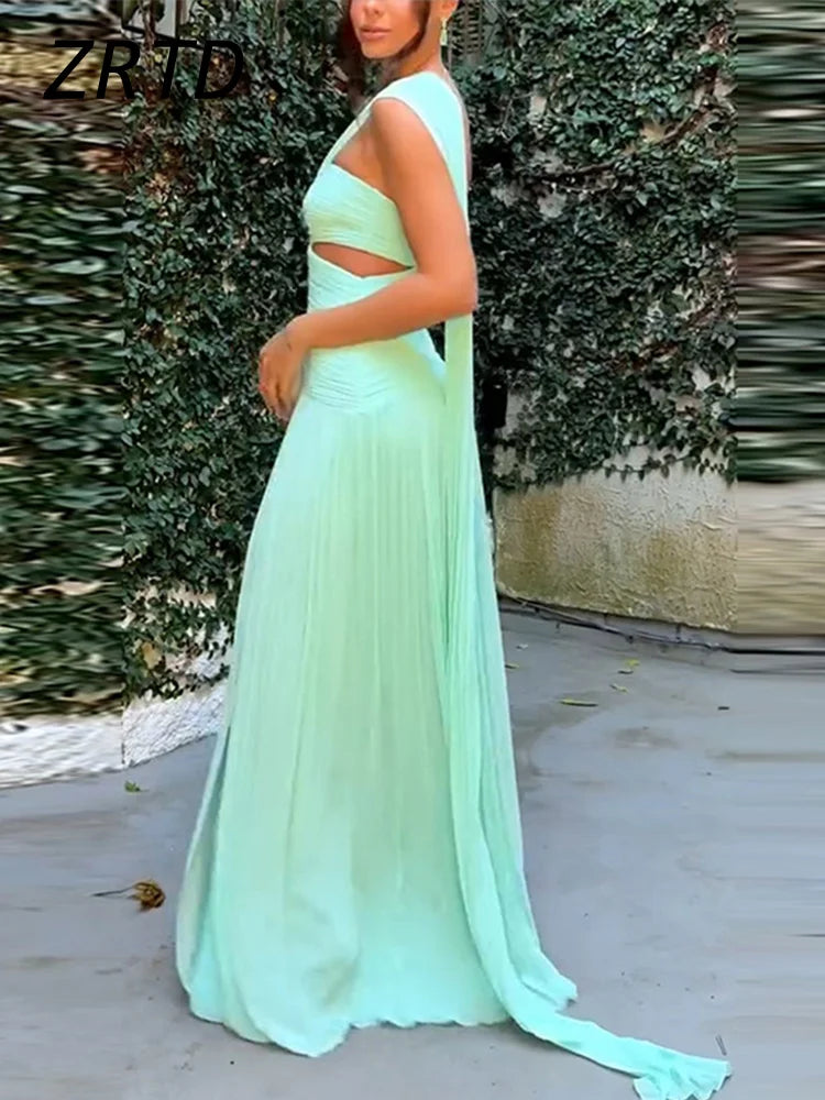 Elegant Hollow Out Ribbon Long Party Dress Women Pleated Spliced Sleeveless Backless Dresses 2025 Summer Lady Beach Holiday Robe - Sun Studio