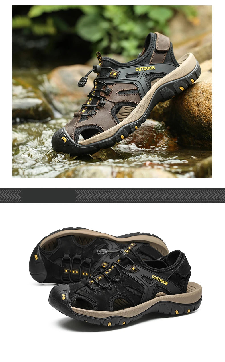 Men's Sandals Top Cowhide Upper Hollow Out Round Toe Outdoor Beach Walking Non Slip Durable Summer Beach Shoes Adjustable Buckle - Sun Studio