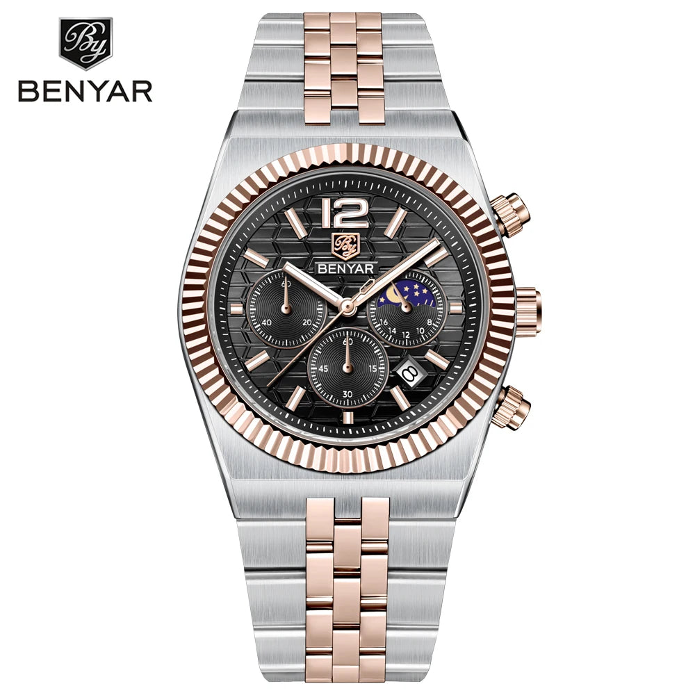 2025 New BENYAR Moon Phase Mens Watches Top Luxury Quartz Chronograph Watch For Men Stainless Steel Waterproof Sports Clock Gift - Sun Studio