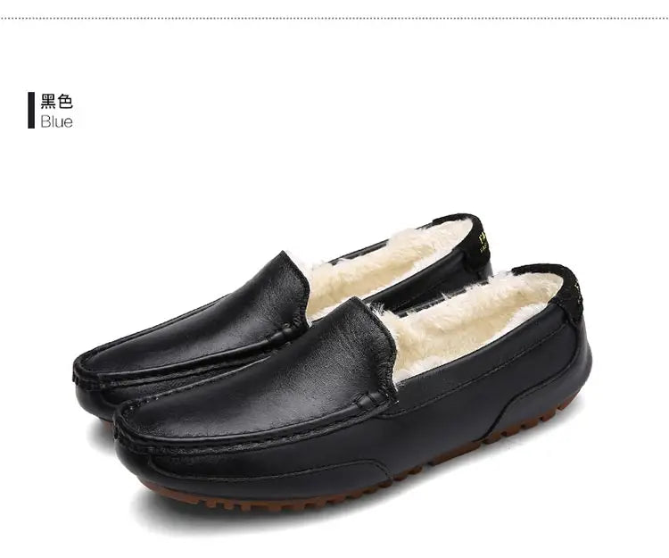 Winter Fur Loafers Men Casual Shoes Cotton Leather Dress Shoes Slip-on Flats Plush Man Moccasins Fleece Lined Driving Shoes