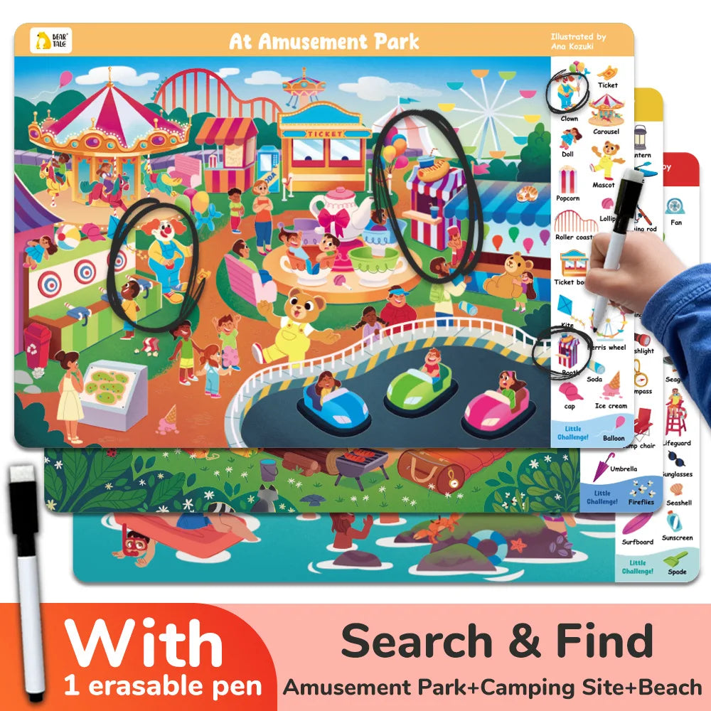 Search and Find Game Looking for Different 3 Themes Interactive Activity Painting Kit Drawing Books with Reusable Pen - Sun Studio