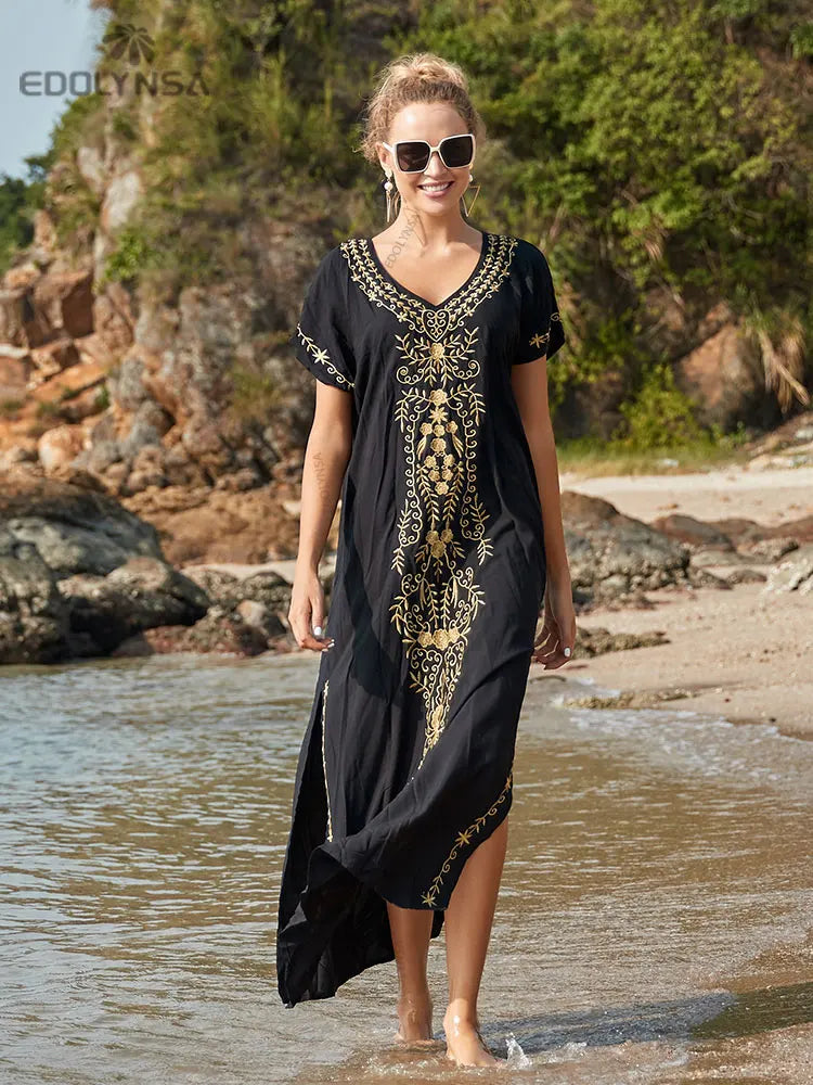 2023 Embroidery Kaftan Beach Cover Up Saida de Praia Swimsuit Women Bikini Cover-ups Tunic for Beach Pareo Sarong Beachwear Q790 - Sun Studio