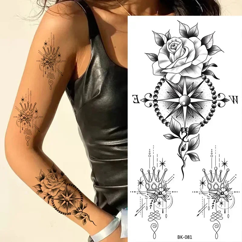 Rose Blossom Tattoo Temporary Waterproof Butterfly Fake Tattoo for Woman Black Flower Sketch Tattoo Sticker
