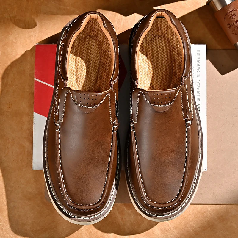 Trendy New Style Men's Genuine Leather Shoes Thick Soled Tooling Shoes Men's Oxford Shoes Lace Up Business Shoes Outdoor Loafers - Sun Studio