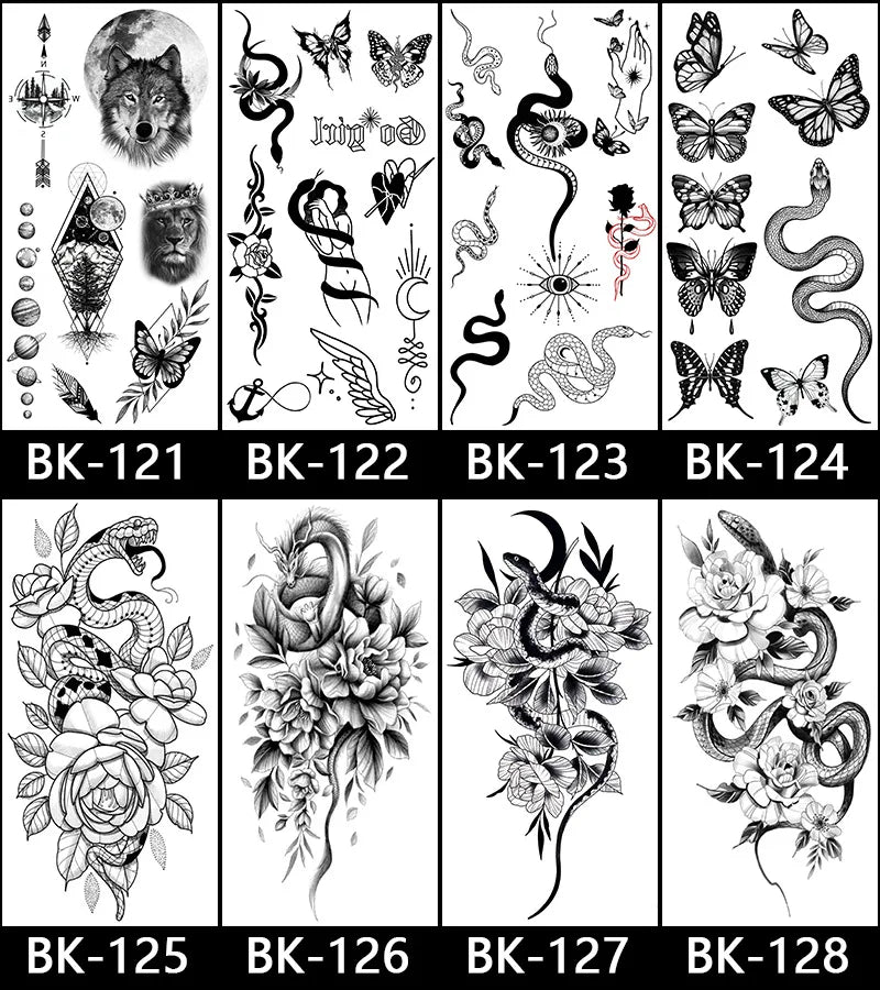 Black White Temporary Transfer Tattoos Floral Butterfly Lettering Line Art Waterproof Body Stickers for Music Festival Party - Sun Studio