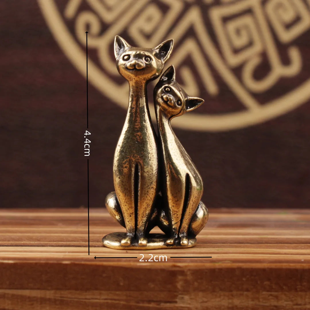 Brass cat Statue Cute 2pcs Miniature Figurines Desk Ornament Decorations Accessories Copper Animal Sculpture Home Decor Crafts - Sun Studio