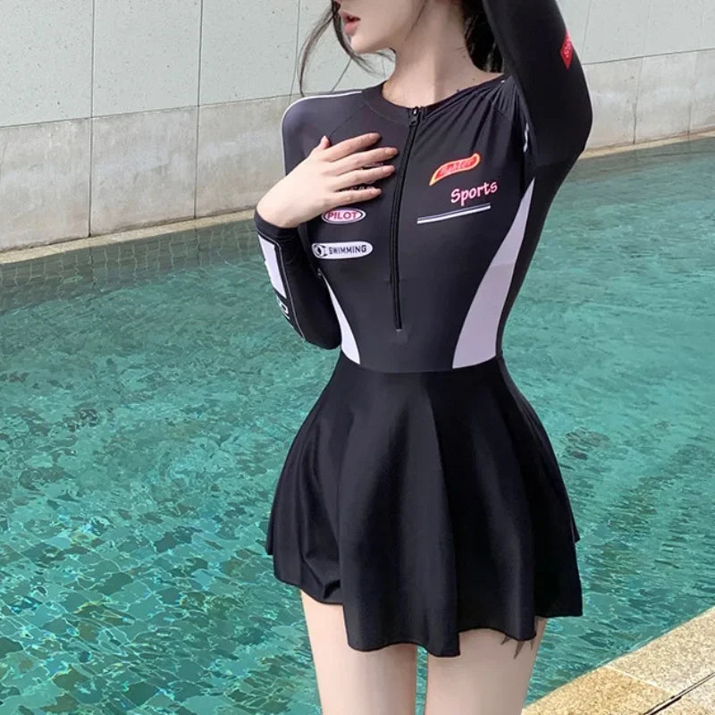 Racing Style Swimsuit Sexy Short Skirt Sweet Cool Spicy Girl Long Sleeved Conservative Belly Covering Surfing Vacation Swimwear - Sun Studio