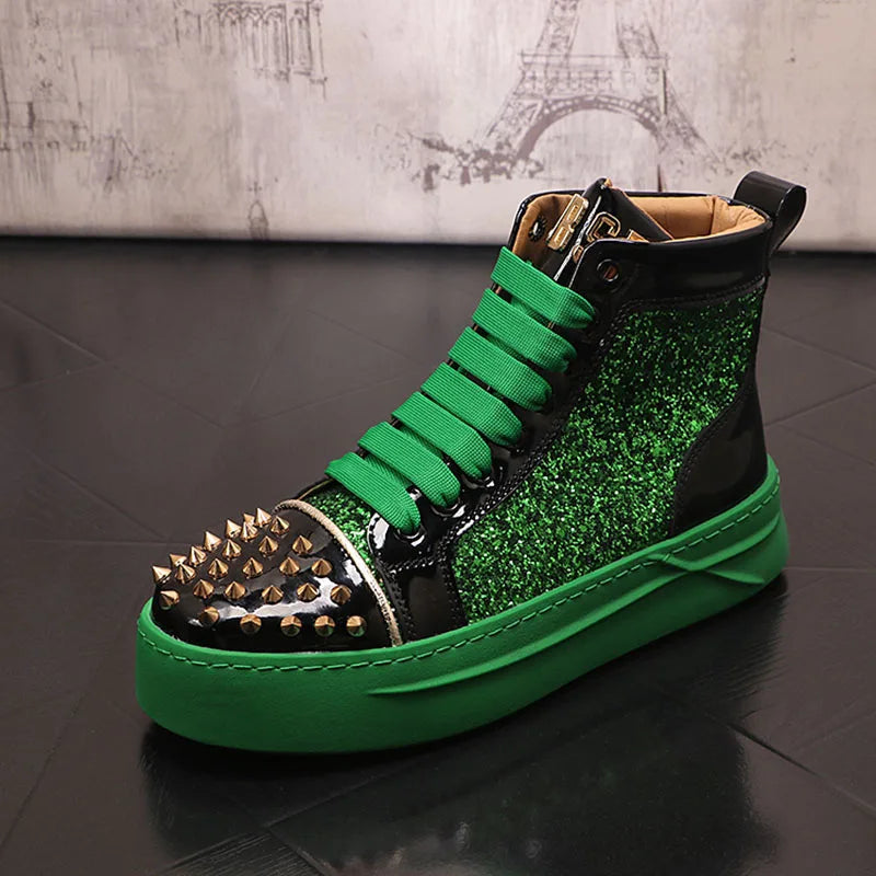 Winter High Tops For Men Rivet Sequin Everyday All Match Patent Leather Casual Shoes Male Flats Loafers Sports Walking Sneakers - Sun Studio