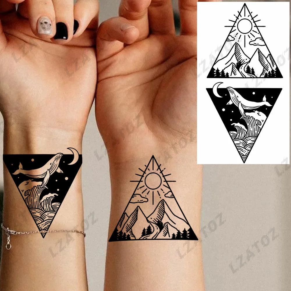 Unique Triangle Ocean Wave Temporary Tattoos For Men Women Realistic Tiger Lion Fake Tattoo Stickers Saying Transfer Art Tatoos - Sun Studio