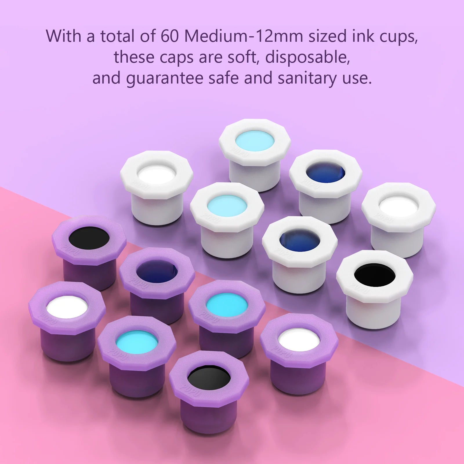 POPU Ink Cups 60 pcs Medium-12mm Disposable Soft White/Purple Colors for Permanent Makup & Tattoo Used - Sun Studio
